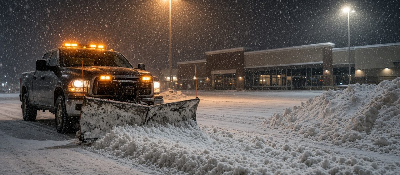 A dark pickup with amber lights and a front plow blade pushing snow across a parking lot at night, with tall pole lights, a storefront building and a snow pile behind it, in Thornton, Colorado