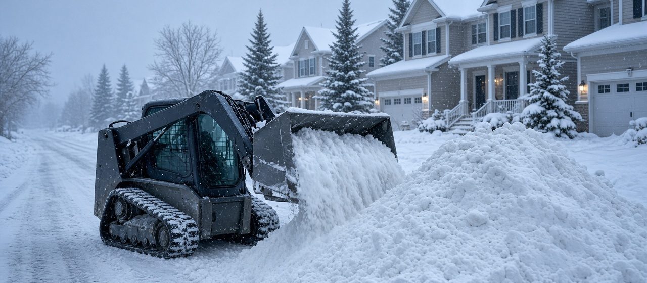 A tracked skid steer pushing snow into a tall pile beside a residential street lined with two-story houses and evergreen trees in falling snow, in Thornton, Colorado