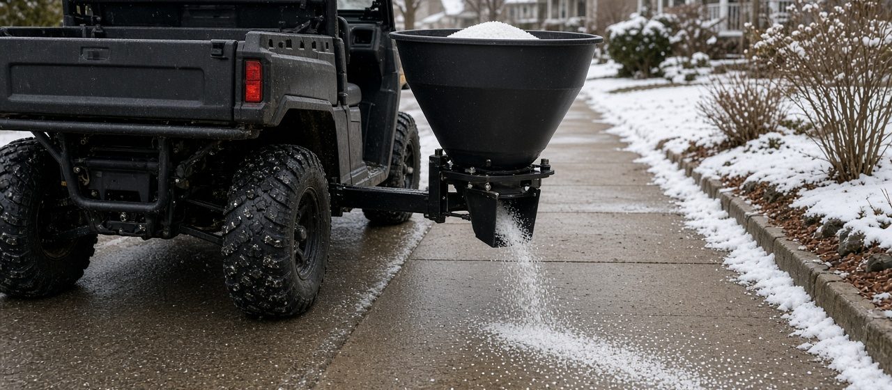 A black cone-shaped spreader on the back of a utility vehicle spreading salt on a sidewalk, in Thornton, Colorado