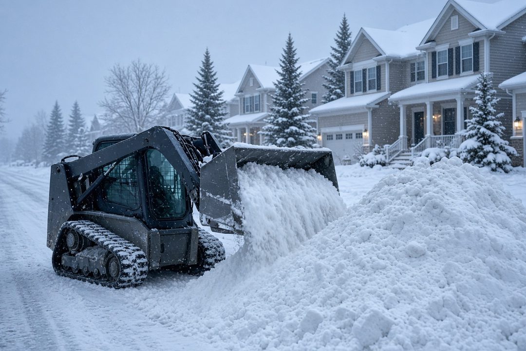 A tracked skid steer pushing snow into a tall pile beside a residential street lined with two-story houses and evergreen trees in falling snow, in Thornton, Colorado