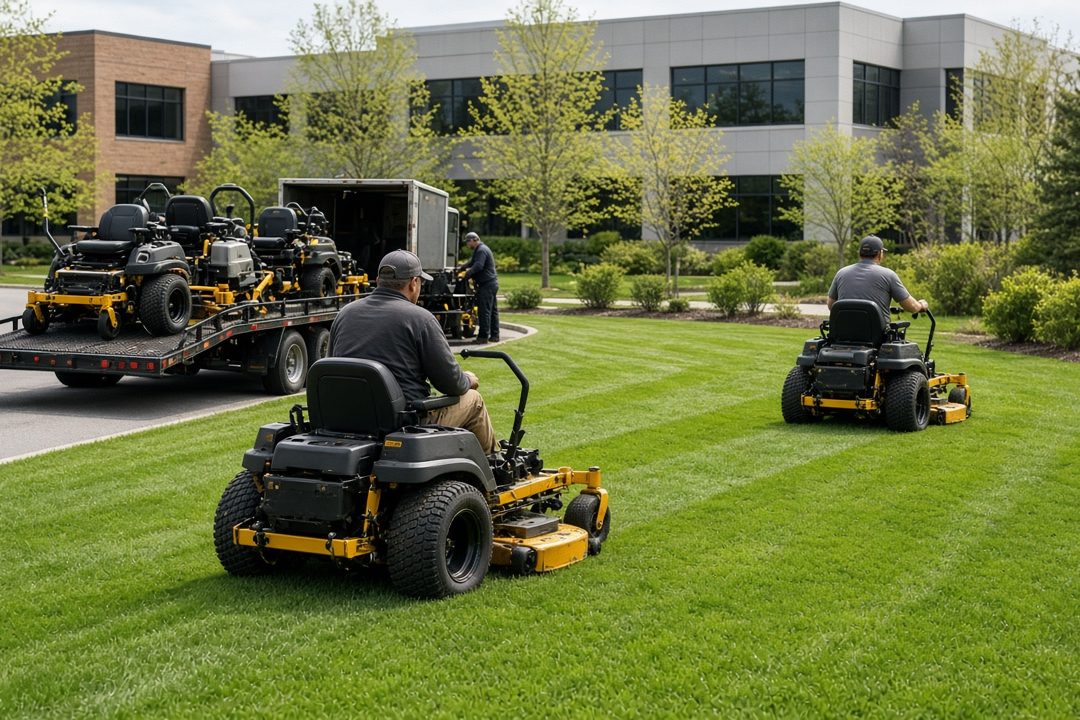 Landscape workers on yellow and black zero-turn mowers cutting a green lawn at an office park, with a trailer of mowers behind them, in Thornton, Colorado