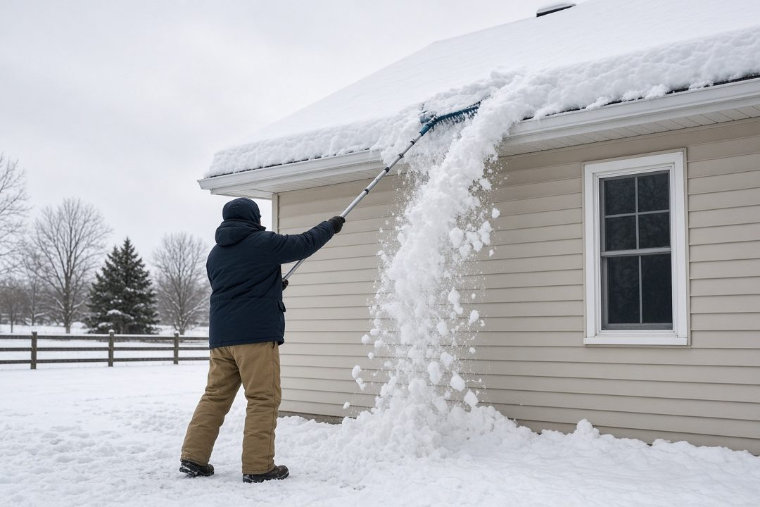 A person standing on the ground pulling snow off the roof edge of a house with a long roof rake, in Thornton, Colorado