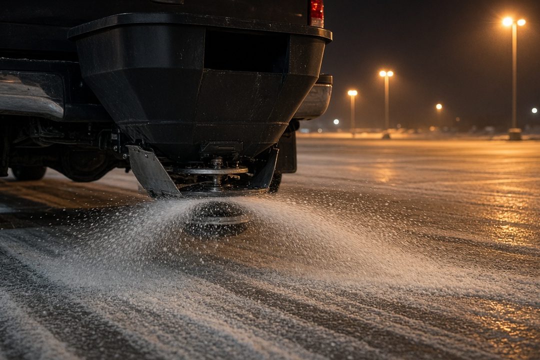 A black tailgate hopper on the back of a truck spreading salt across a parking lot at night, in Thornton, Colorado