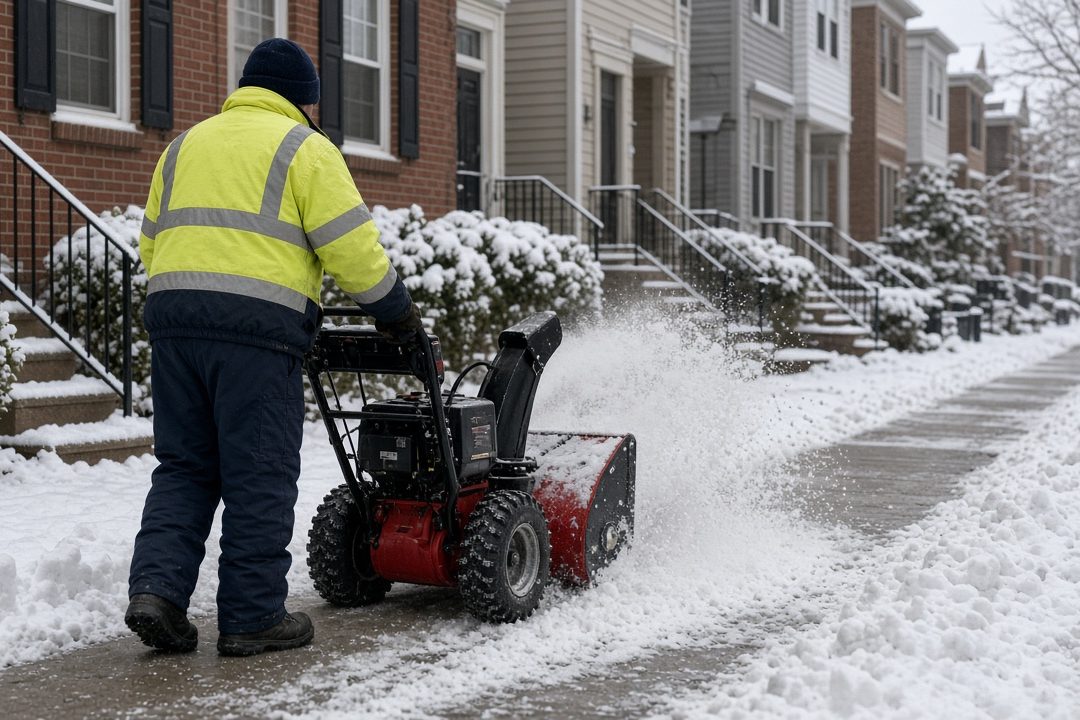 A worker in a yellow high-visibility jacket clearing a snowy sidewalk with a red two-stage snow blower in front of a row of brick townhomes, in Thornton, Colorado