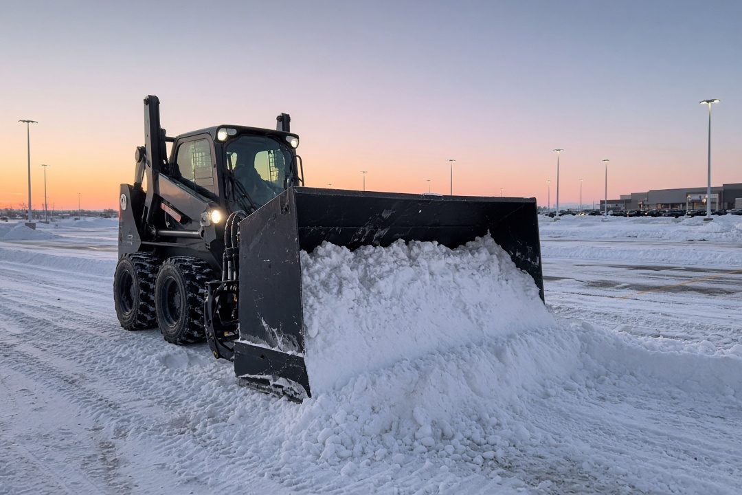 A black snow pusher box on a wheeled skid steer pushing snow across a big parking lot at dawn, in Thornton, Colorado